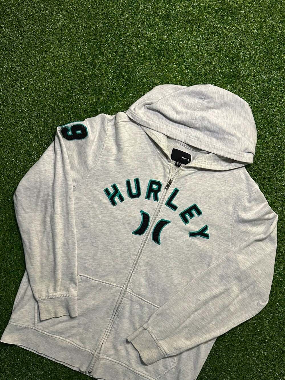 Y2K 2000s Hurley Full Zip Hoodie Sweatshirt Grey Logo - Picture 2 of 7